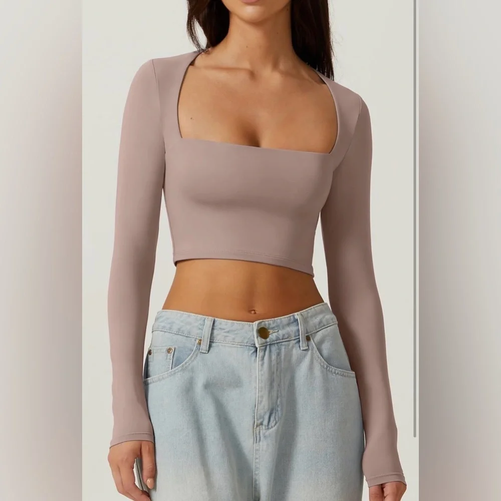 QINSEN Square Neck Long Sleeve Slim Fit Crop Top Cropped T Shirts Size L